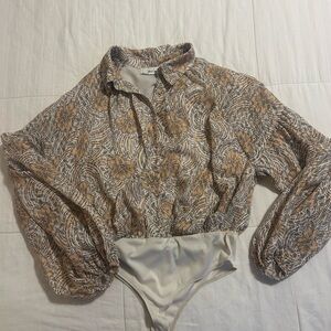 Floral Print Long-Sleeve Bodysuit in Beige and Brown